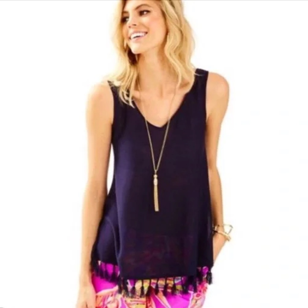 Lilly Pulitzer Lindy Sweater Tank Top XS Navy Blue Fringe Tassel V Neck l XS
